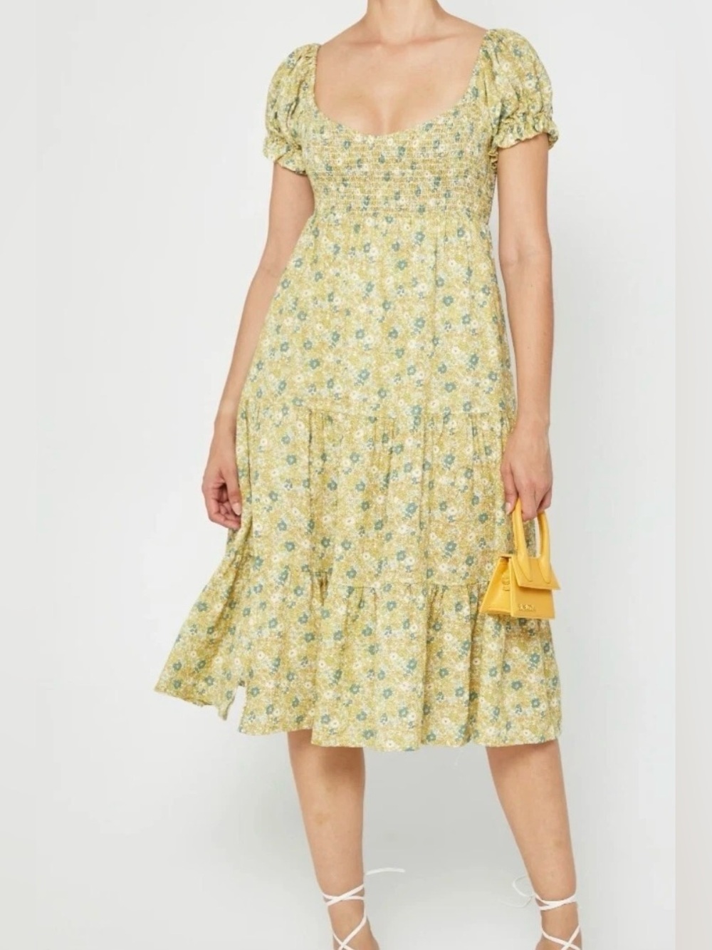 OPT Anthropologie Lanna Floral Smocked Midi Dress Large Yellow Blue Cotton